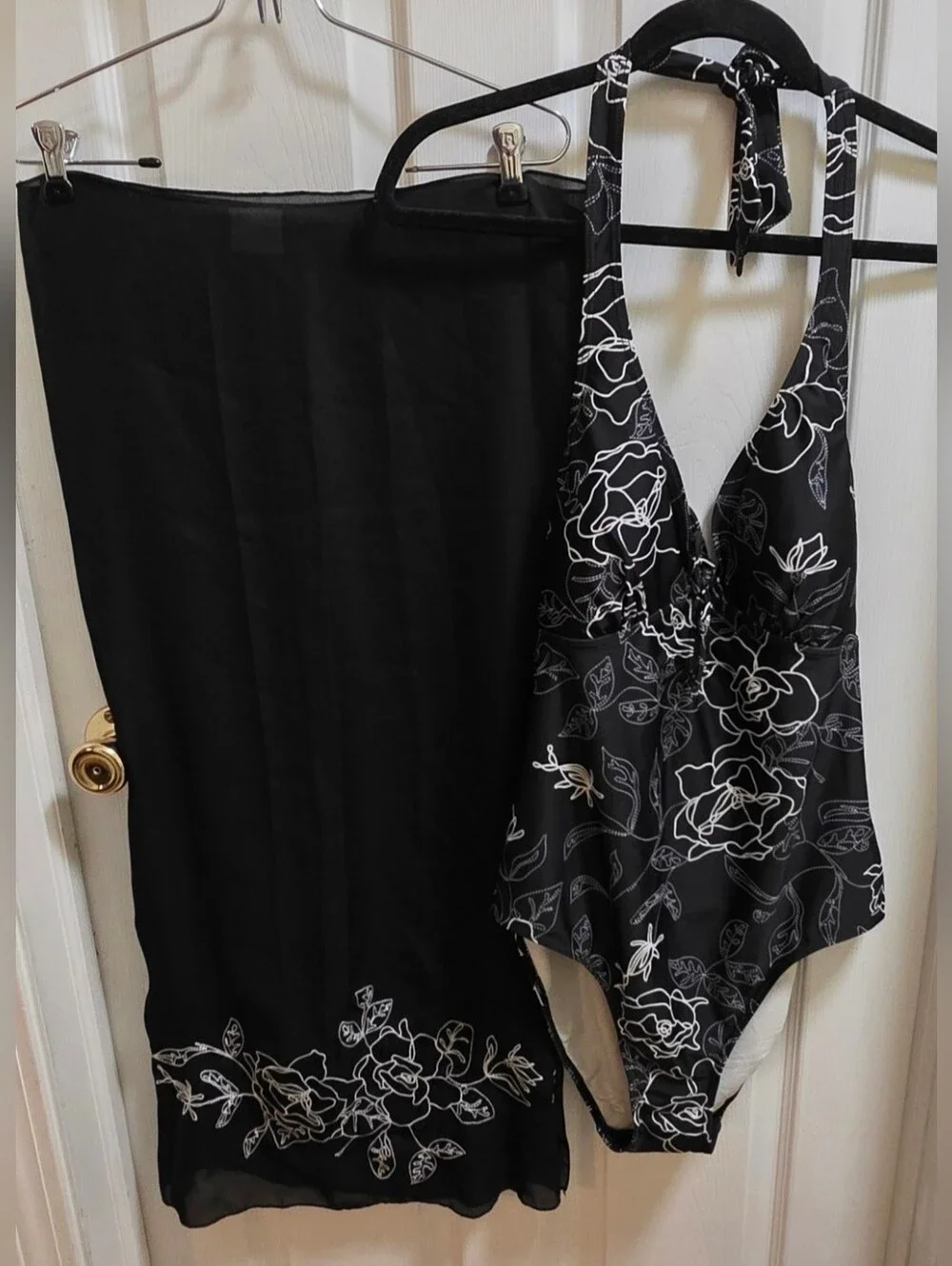 Black Floral One-Piece Swimsuit with Matching Sarong